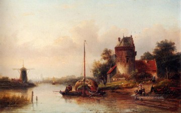 A River Landscape In Summer With A Moored Haybarge By A Fortified Farmhouse Jan Jacob Coenraad Spohler Oil Paintings
